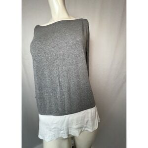 Ann Taylor Loft Boat Neck Tunic Top Medium Gray White Pima Cotton 3/4 Sleeve
